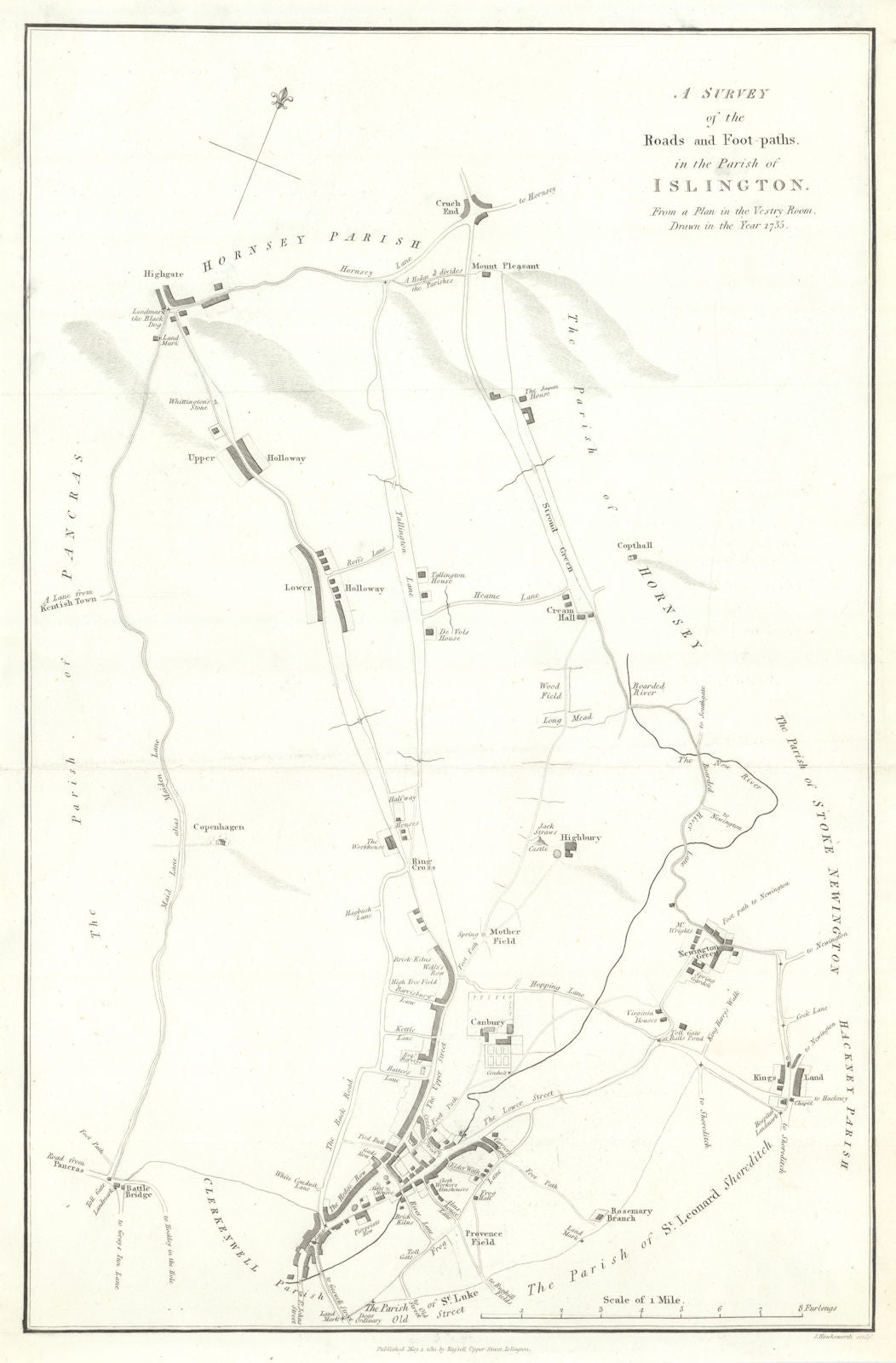 ISLINGTON PARISH 1735 Holloway Highgate Crouch End. Scarce HAWKSWORTH 1811 map
